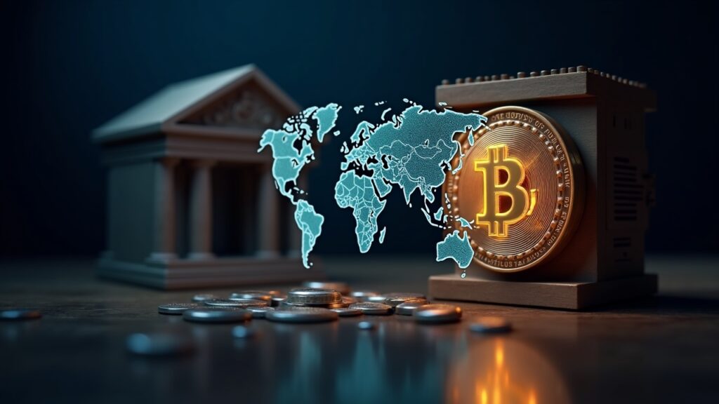 Banco tradicional y bóveda de stablecoins frente a un mapa mundial de mercados emergentes, con flujos de dólares digitales.