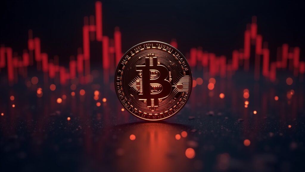 Moneda de Bitcoin en el centro con gráfico de trading y señales de caída a 104k, puts rojos y sesgo negativo.