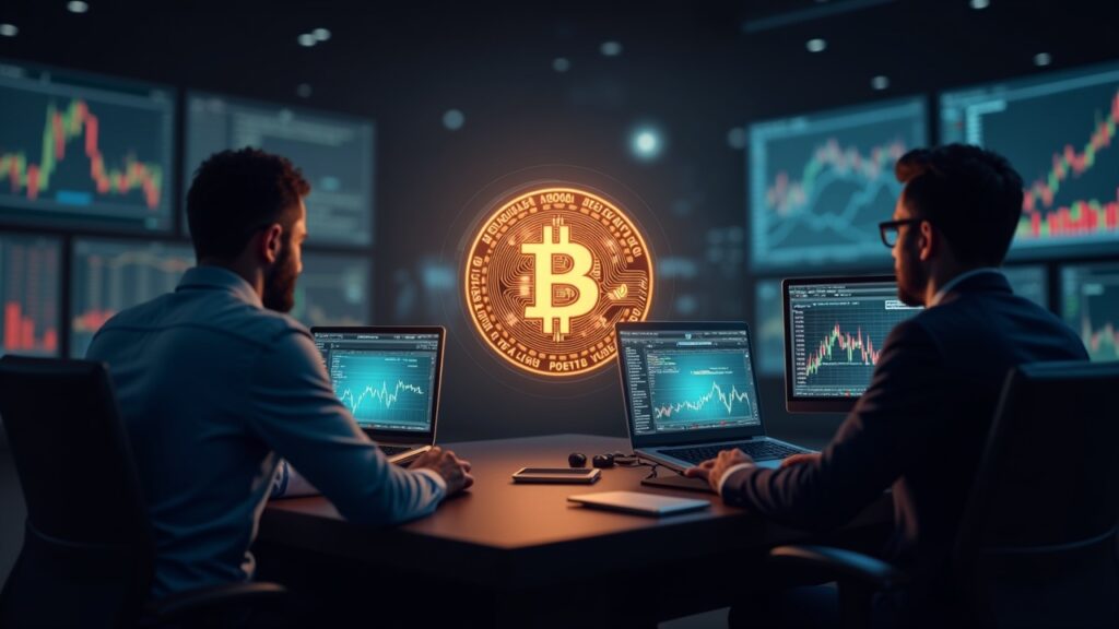 Escena de redacción con holograma de Bitcoin a 118k y un trader revisando gráficos en varias pantallas.