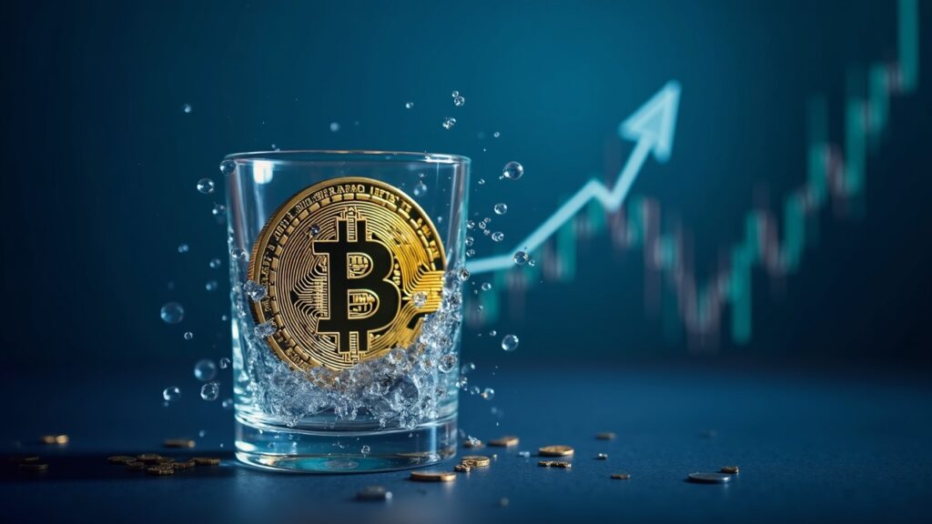 Bitcoin breaking through glass barrier at 120k, arrows show ETF inflows toward 150k in blue financial backdrop.