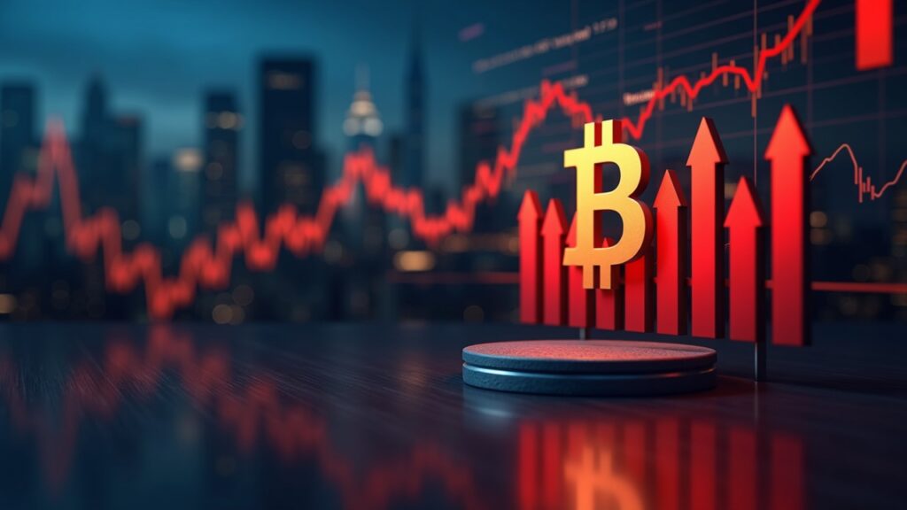 Logo de Bitcoin junto a un gráfico descendente en rojo y flechas de retiro de ETFs, con skyline financiero de fondo.