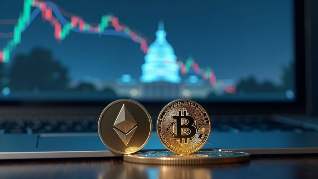 Bitcoin y Ethereum con gráfico de precios en pantalla translúcida y silueta del Capitolio, enfoque regulatorio