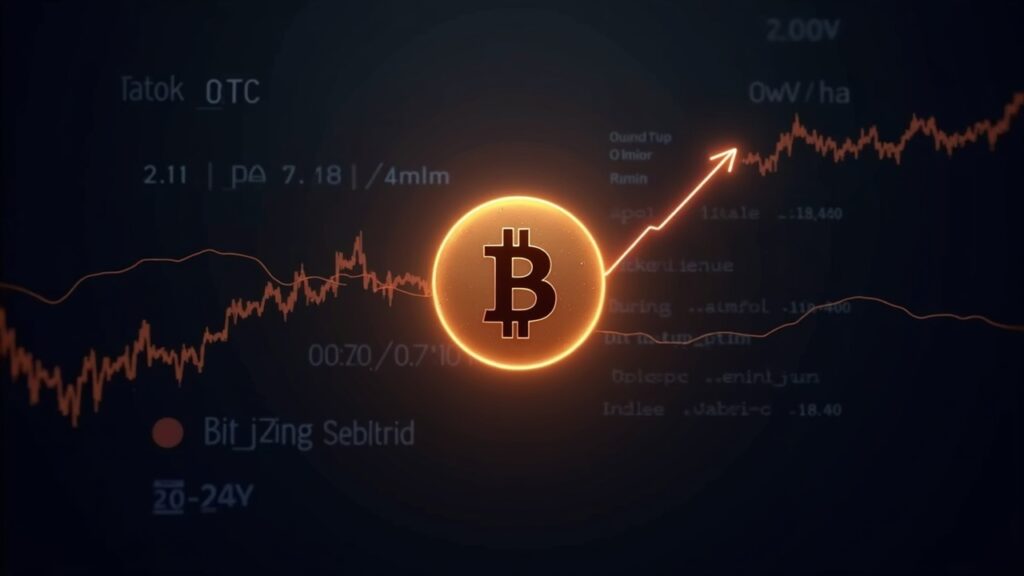 Bitcoin en centro con gráficos de opciones y vencimientos, flecha ascendente y brillo OTC 24/7.