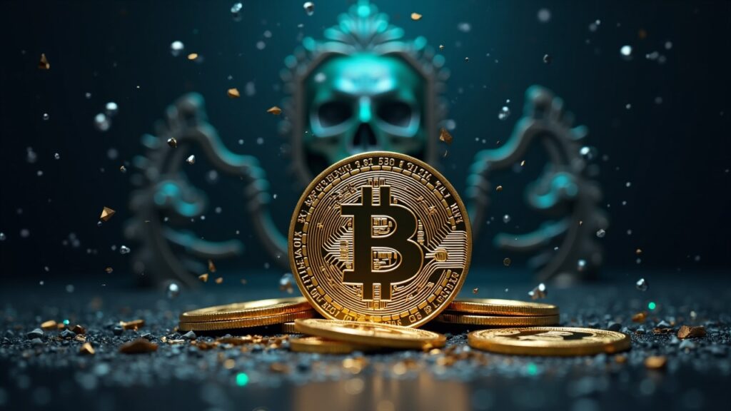 La tecnología cuántica y su impacto en Bitcoin Bitcoin en primer plano con una computadora cuántica tras un escudo y llaves criptográficas rotas.