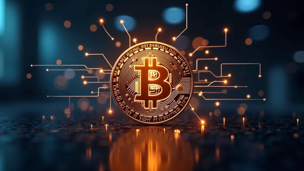 Emblema de Bitcoin en el centro, circuito cuántico brillante y fondo de redacción moderno