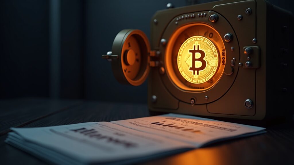 Bóveda de banco central en foto fotorrealista con una moneda de Bitcoin brillando sobre un balance, horizonte 2030.