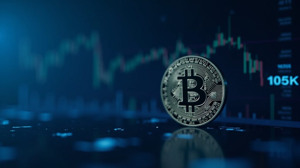 Moneda de Bitcoin sobre gráfico de precios digital, acercándose a soporte 105k–110k, con sutil icono de martillo regulatorio y fondo azul.