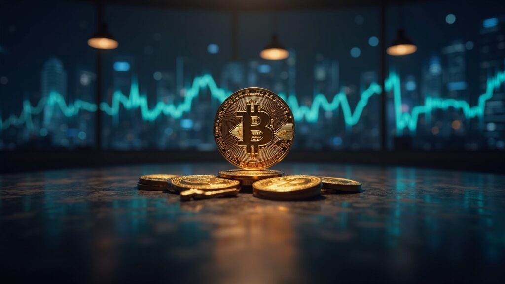 Escena de redacción realista con Bitcoin en soporte clave, trader enfocado y cadena de bloques iluminada.