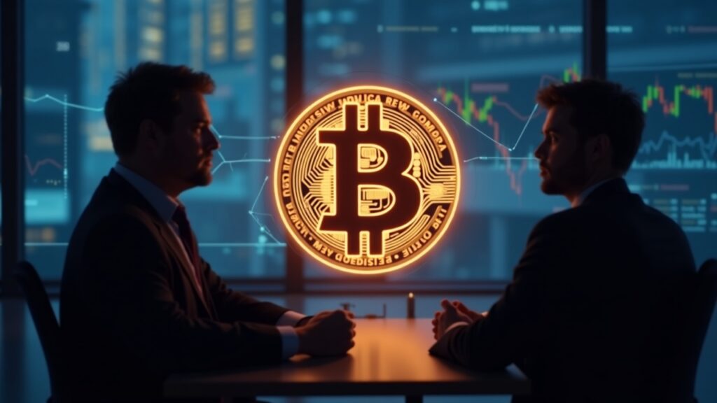 Photoreal Bitcoin symbol center; Block logo, regulatory charts, network lines; two executives discuss tax relief, Lightning.