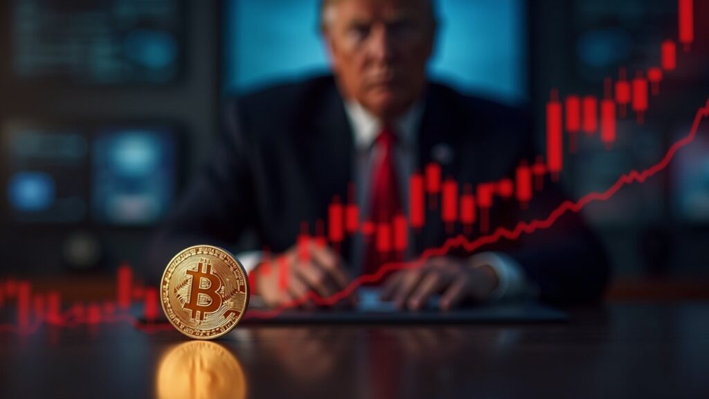 Mesa de trading cripto en primer plano con Bitcoin, figura oscura vinculada a Trump y gráfico rojo de posición corta.