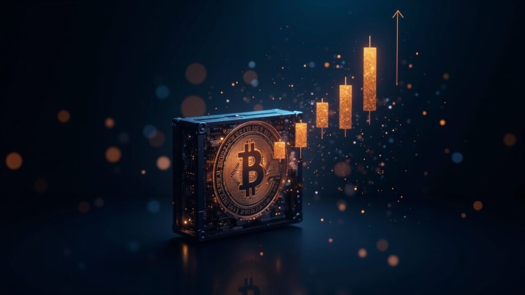 Photorealistic image of a Bitcoin mining rig morphing into an AI data center, with a rising price chart hologram.