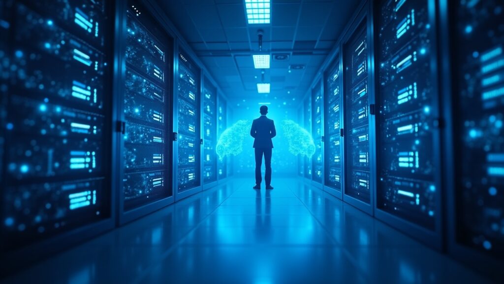 Encabezado fotorrealista de un centro de datos cripto con servidores brillantes, IA holográfica y un ejecutivo, iluminación azul.