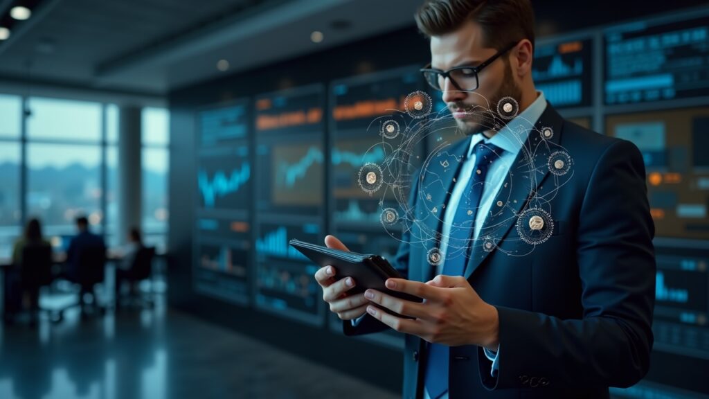 Ejecutivo en una redacción moderna, billetera PayFi en mano, activos tokenizados flotando y IA, simbolizando pagos cripto.