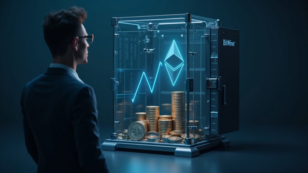 Ejecutivo fintech observa una bóveda de ETH con gráficos ascendentes y branding de BitMine, indicando acumulación institucional.