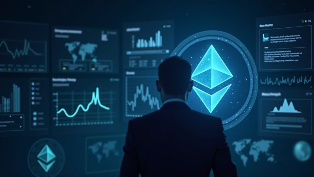Directivo ante Ethereum iluminado, con paneles holográficos que muestran acumulación institucional y descentralización.