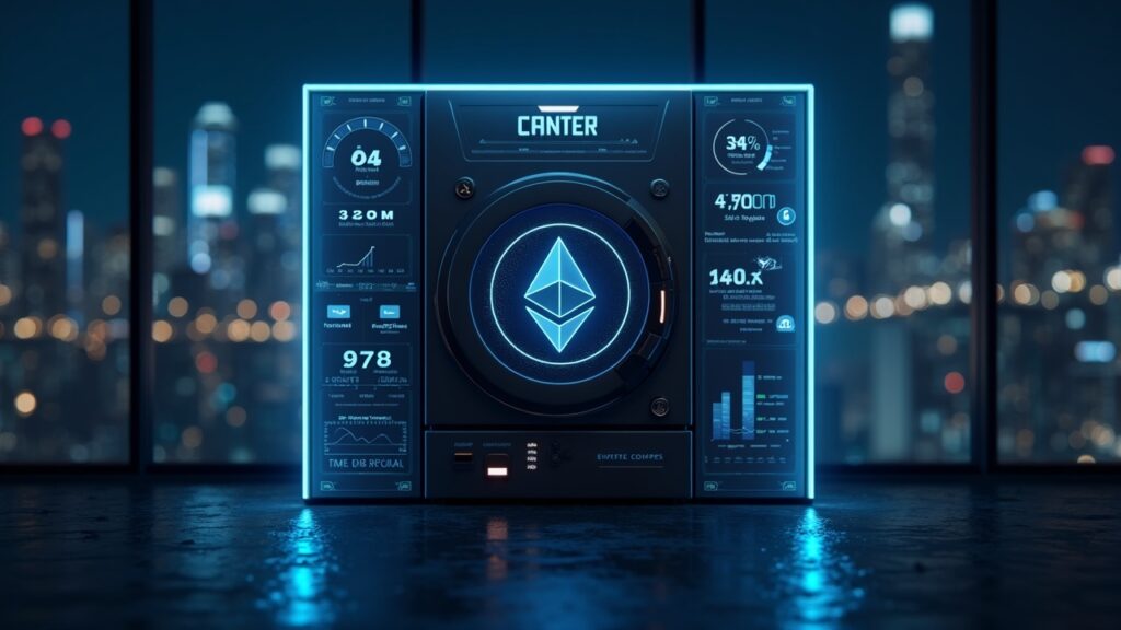 Tesorería cripto con logo de Ethereum y tablero que muestra 320 millones y 14 mil millones en reservas; paisaje futurista.