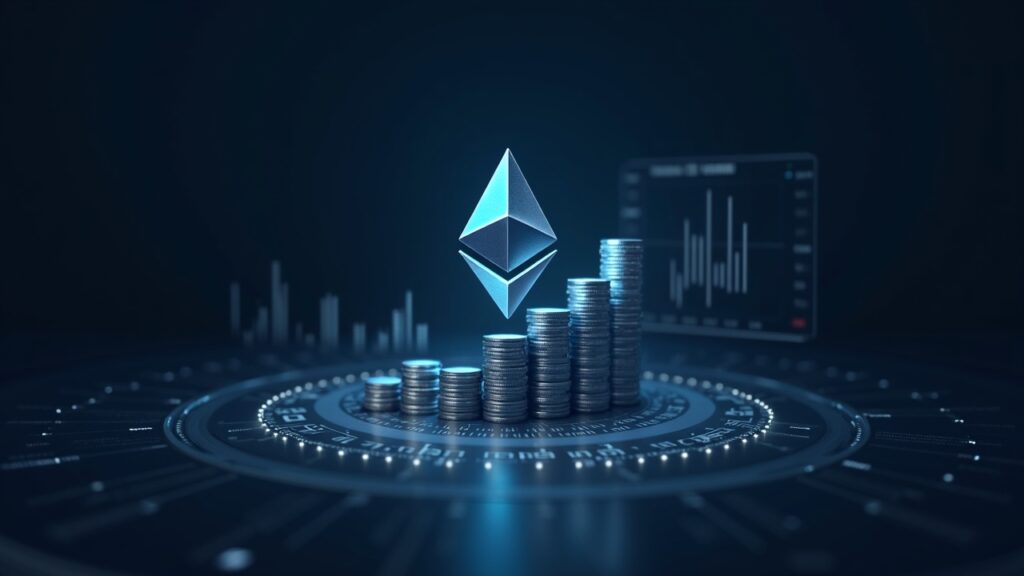 Mesa corporativa de tesorería con emblema holográfico de Ethereum, pilas de ETH y gráfico financiero moderno.
