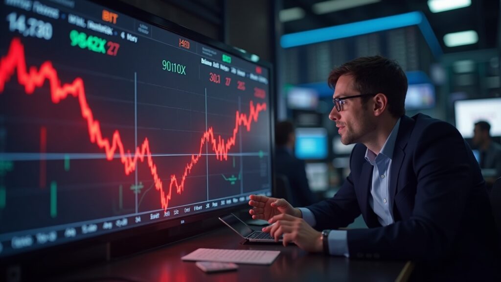 BlackRock IBIT pierde $291M en un día tras retroceso de ETF de bitcoin Escena de redacción: gráfico rojo de ETF de Bitcoin, logo de BlackRock IBIT desvaneciéndose y operador institucional.