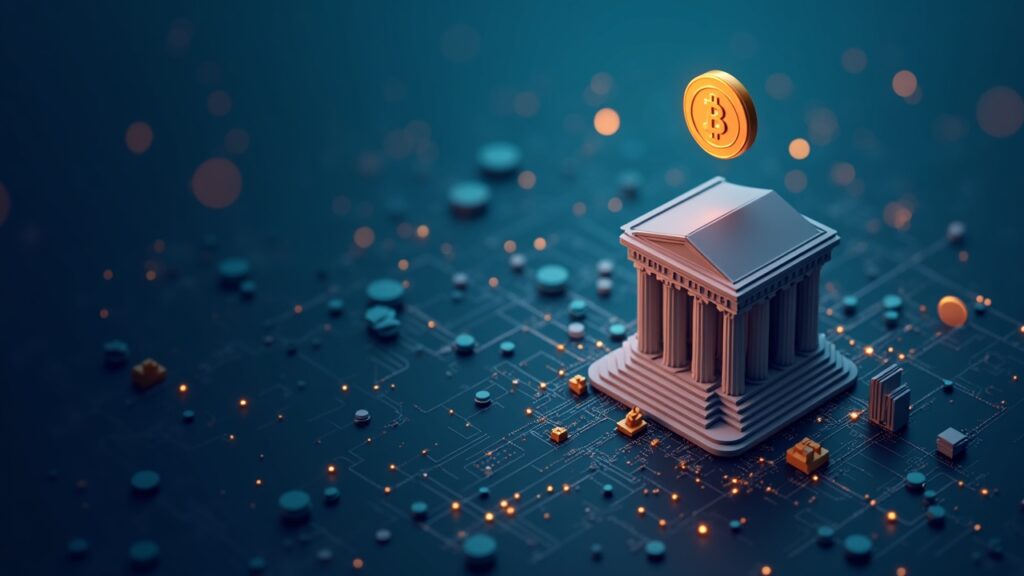 imagen fotorealista: torre bancaria junto a la red de BNB Chain y un token de fondo digital, con precio cercano a 1190