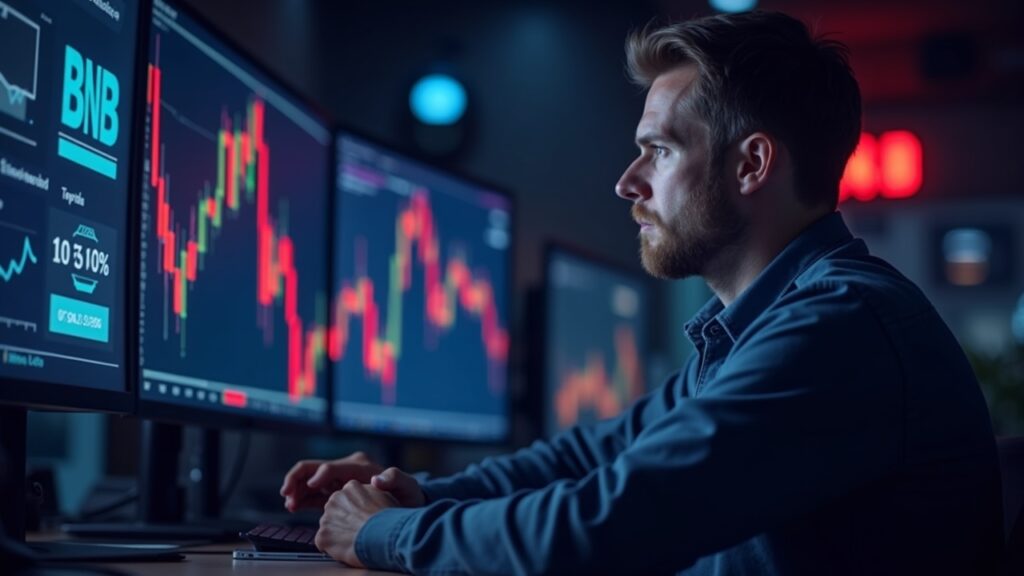 Trader en sala de noticias analizando gráfico neon que muestra caída del 12% de BNB, logotipo de BNB visible.