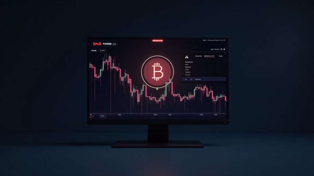 Símbolo de BNB centrado sobre un gráfico con caída pronunciada, cartel rojo de timeout en un monitor de vidrio, estética moderna de redacción cripto.