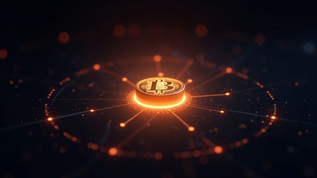 BNB brillante en el centro, conectado al ecosistema Binance con chispas de quema y gráfico de mercado en descenso