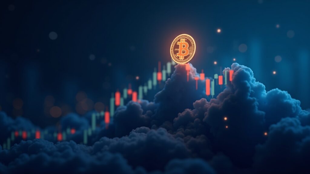Logo luminoso de BNB sobre gráfico de trading digital, silueta de la Fed al fondo, iluminación azul estilo sala de noticias.