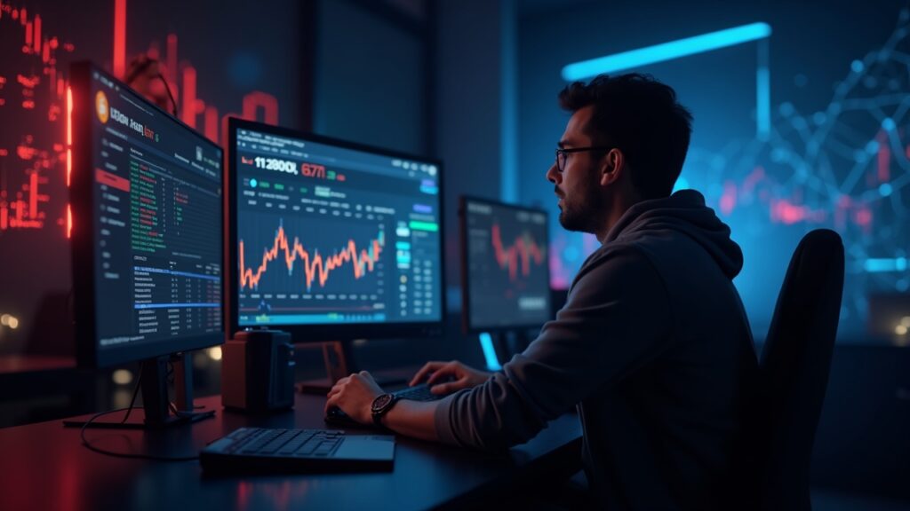 Photorealistic trading desk with BTC under 110k, red liquidation ticker, a worried trader, blue-red glow, and a subtle blockchain background.