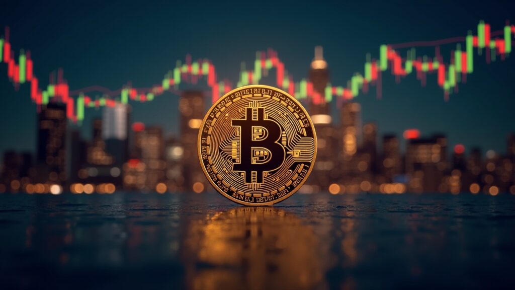 Encabezado fotorealista con Bitcoin en el centro, gráficos de opciones y un horizonte de altcoins desvaneciéndose.
