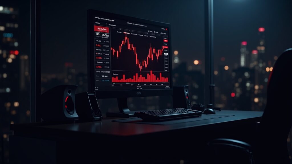 Mesa de trading cripto con monitor que muestra BTC por debajo de 108k y 320M en liquidaciones rojas, fondo oscuro.