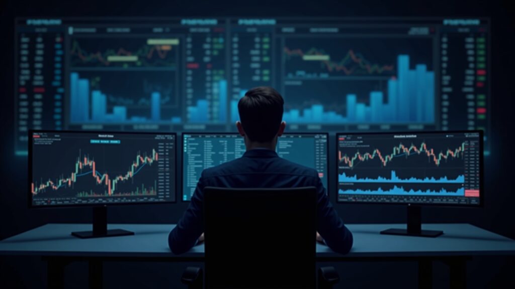 Trader cripto nativo en sala de operaciones, pantallas muestran caída de BTC y gráficos de OI, fondo de red descentralizada.