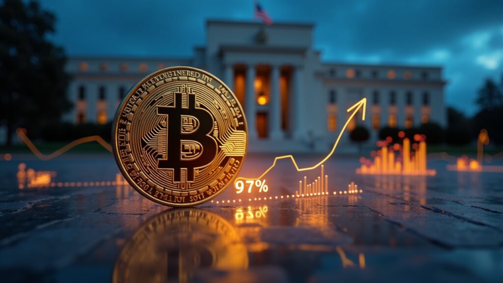 ¿Qué pasará con Bitcoin tras conocerse el dato de IPC en Estados Unidos Bitcoin en primer plano, Fed al fondo, 97% iluminado y CPI 3% hologramas, con gráficos alcistas.