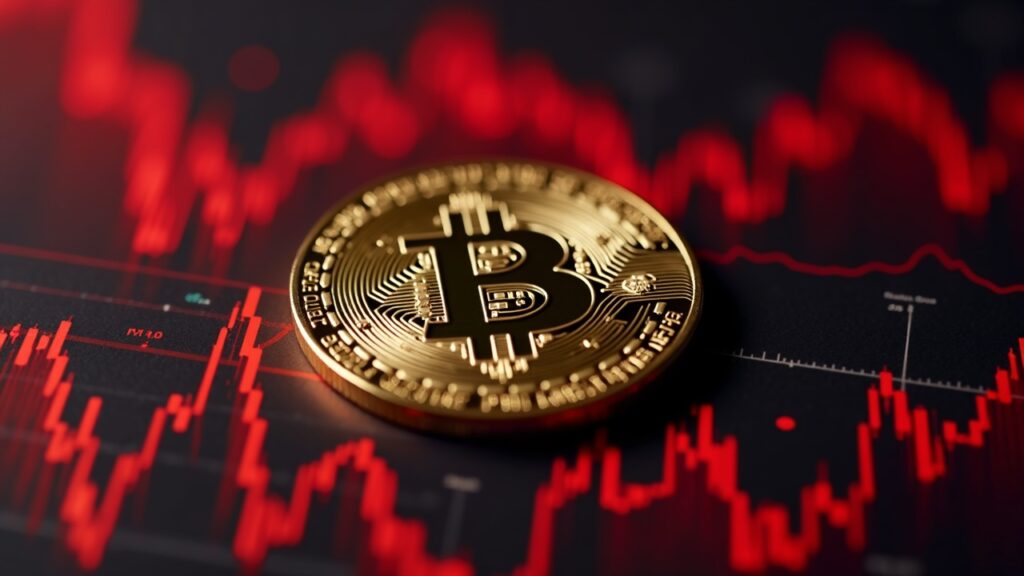 Primer plano de Bitcoin con gráficos rojos de liquidaciones y fondo de mercado de crédito