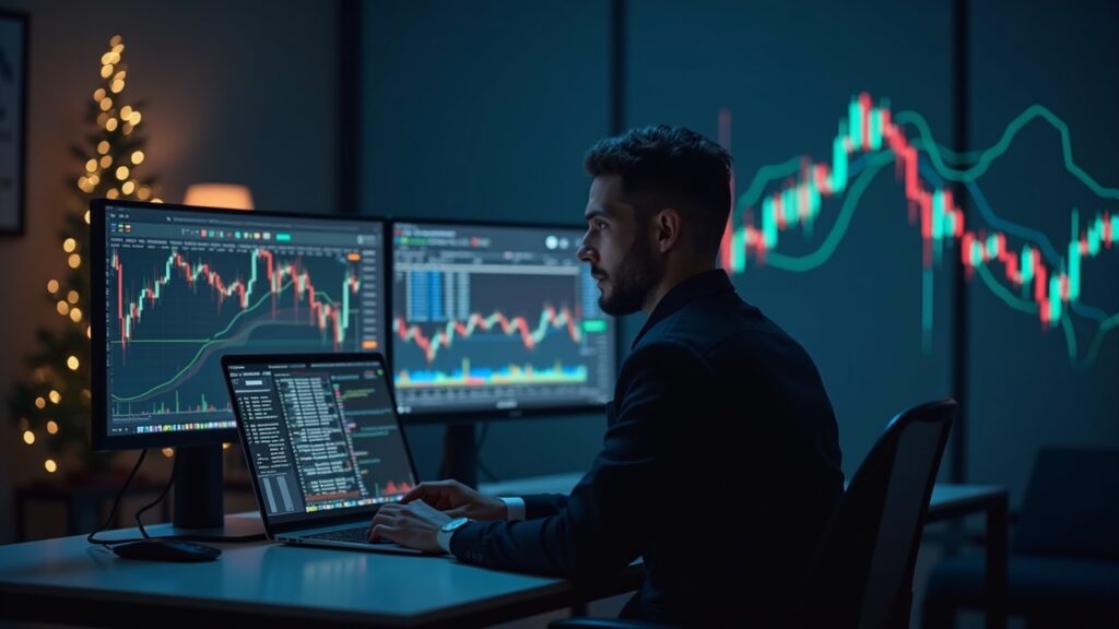 Photorealistic crypto trader at a modern desk with BTC price chart paused near 115k and global market symbols.
