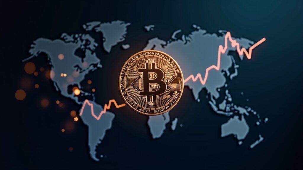 Símbolo de bitcoin fotorealista sobre un gráfico global de cripto en ascenso, con inversores institucionales y un mapa mundial digital.