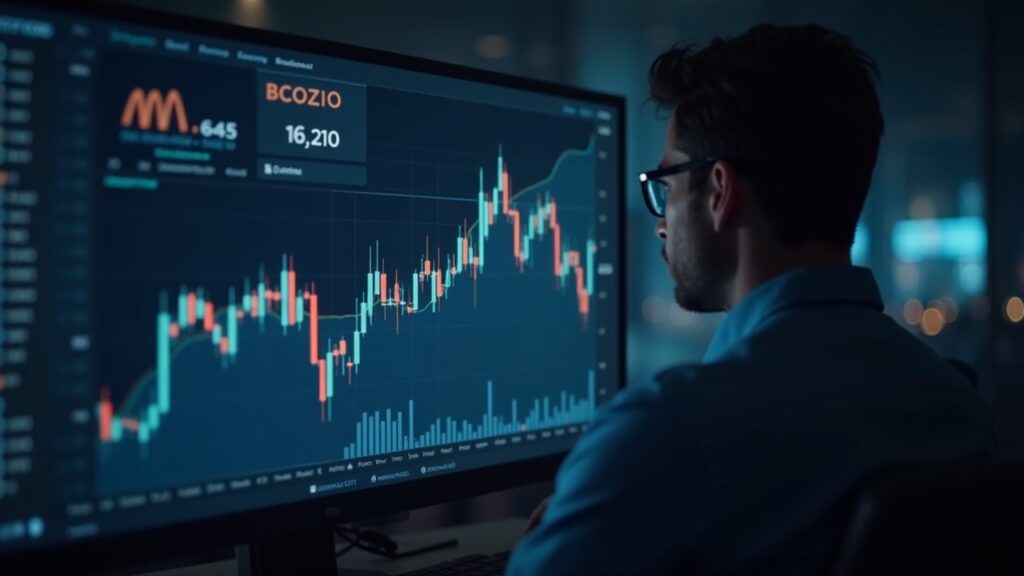 Trader observando gráfico holográfico de Bitcoin subiendo, con ETFs y iconos de blockchain en fondo tipo sala de noticias.
