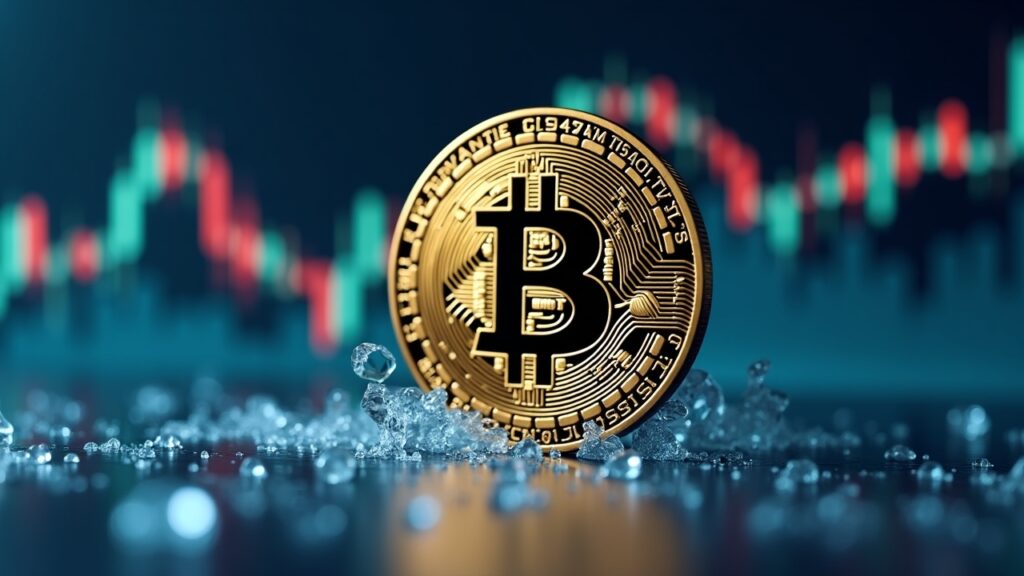 Bitcoin fotorealista deteniendo una ola de datos del IPC en una redacción elegante, con gráficos macro al fondo