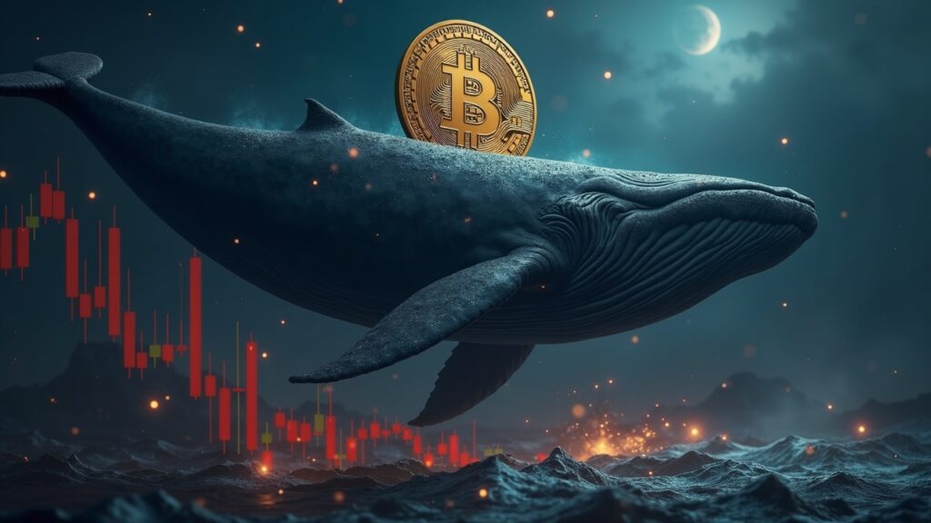 Ballena de Bitcoin sobre un gráfico descendente, señalando 1.240 BTC en corto y riesgo hacia 74k