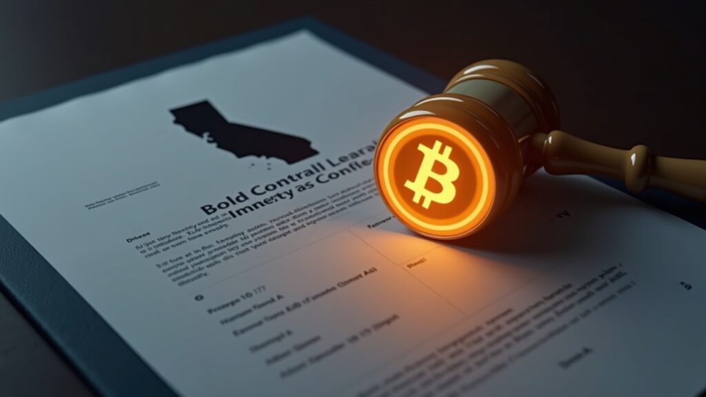 Fotografía realista de un documento legal y un logo de Bitcoin brillando, con la silueta de California al fondo y un mazo.