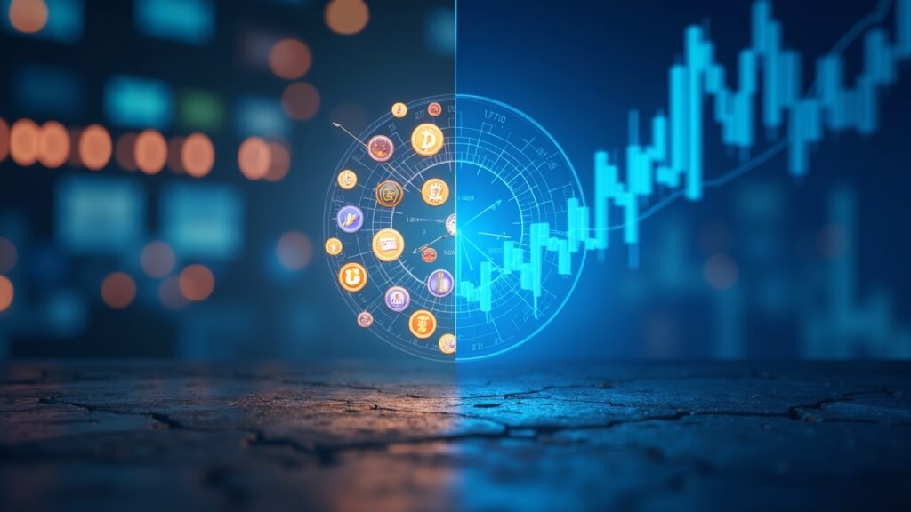 Alarma: Fuga de $800B del mercado altcoin por cambio de minoristas a acciones Escena fotorealista dividida: minoristas e altcoins a la izquierda; logos cripto y acciones con gráficos al alza a la derecha