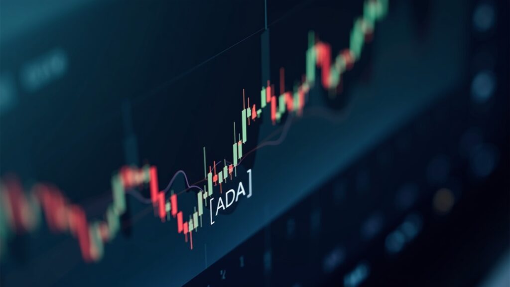 Cardano bull chart converging toward 0.86 USD with ADA logo in a sleek newsroom setting
