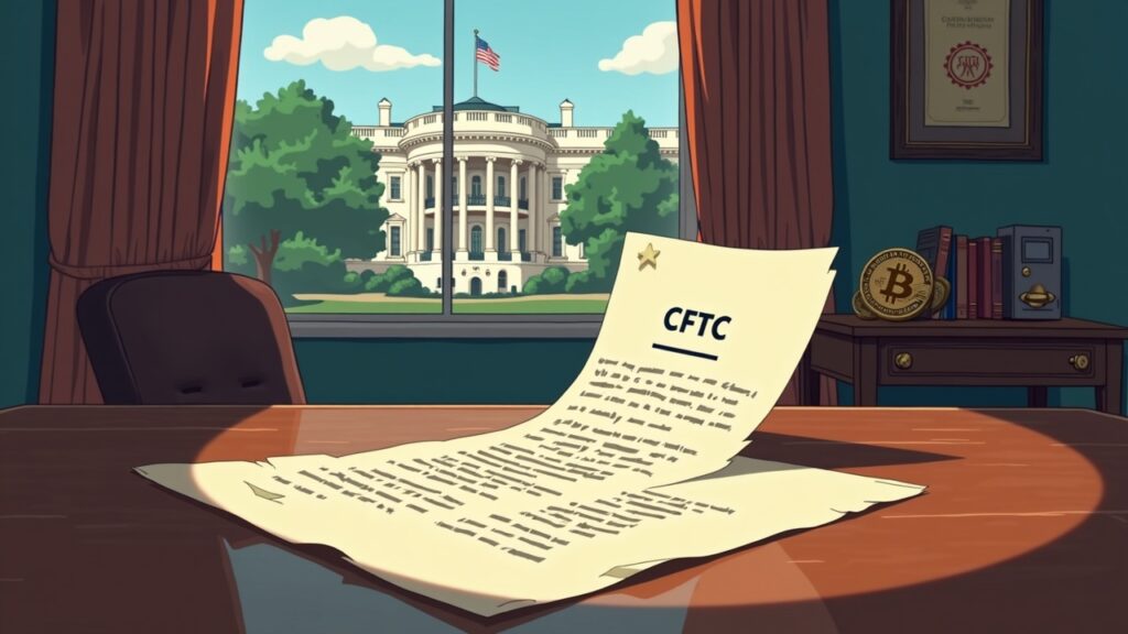 Escena de escritorio fotorealista: carta de nominación a la CFTC retirada, Casa Blanca al fondo y símbolos cripto.
