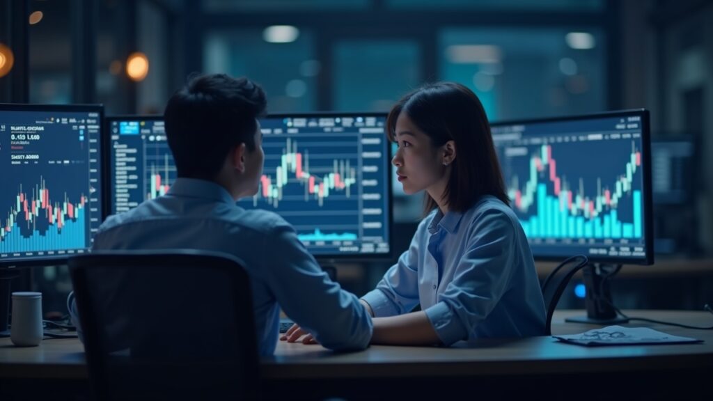 Photorealistic crypto trading desk with focused analyst, screens show rising charts, AI chip versus cloud icon, China motif.