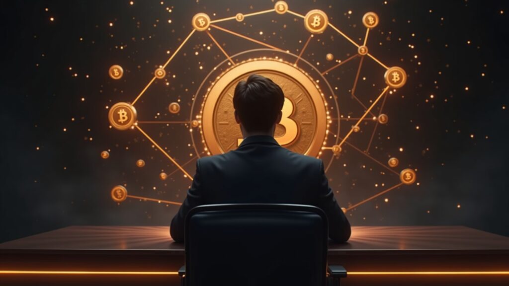 Trader central ante un escritorio elegante, circuito luminoso de BNB Chain, memecoins lloviendo y una insignia de CZ sutil.