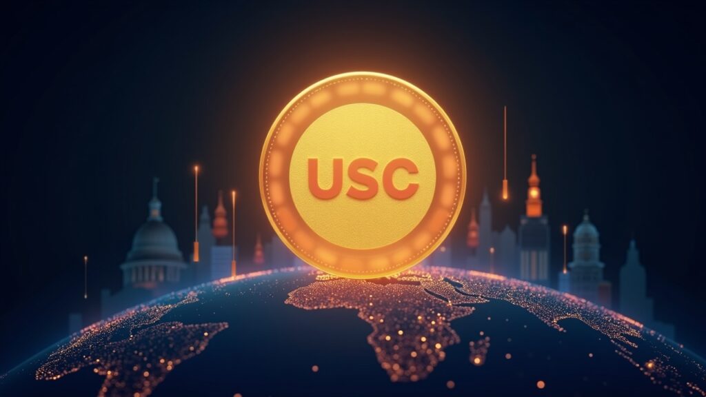 Glowing USDC emblem on a digital globe with rising charts and silhouettes, highlighting Circle as a stablecoin leader.