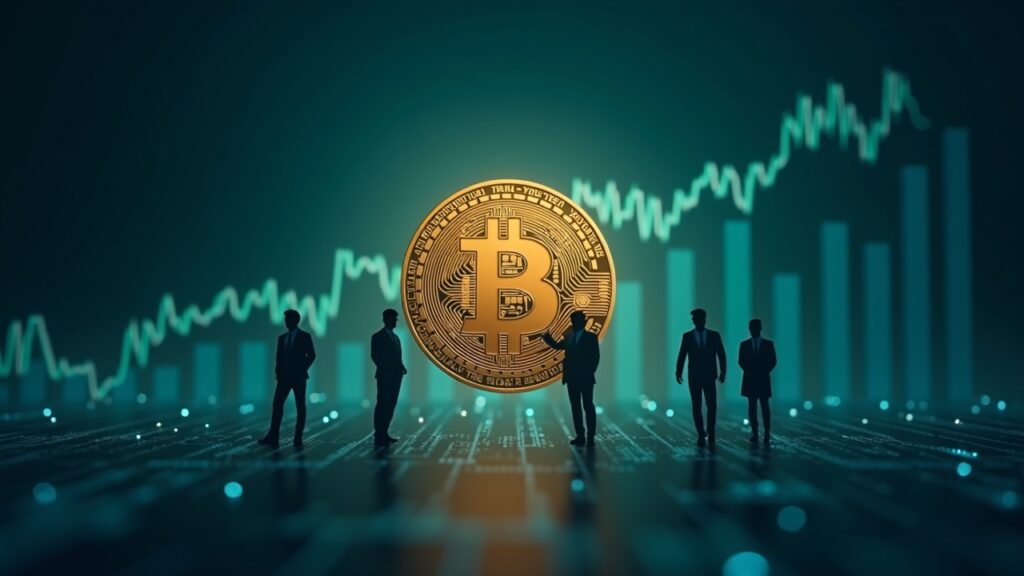 Bitcoin en el centro con tickers de ETFs y gráficos alcistas, inversores institucionales en un fondo fintech azul-verde.