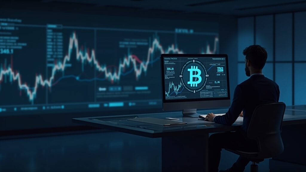 Analista en sala de noticias frente a gráfico ascendente de Bitcoin y visuales proxy de MicroStrategy