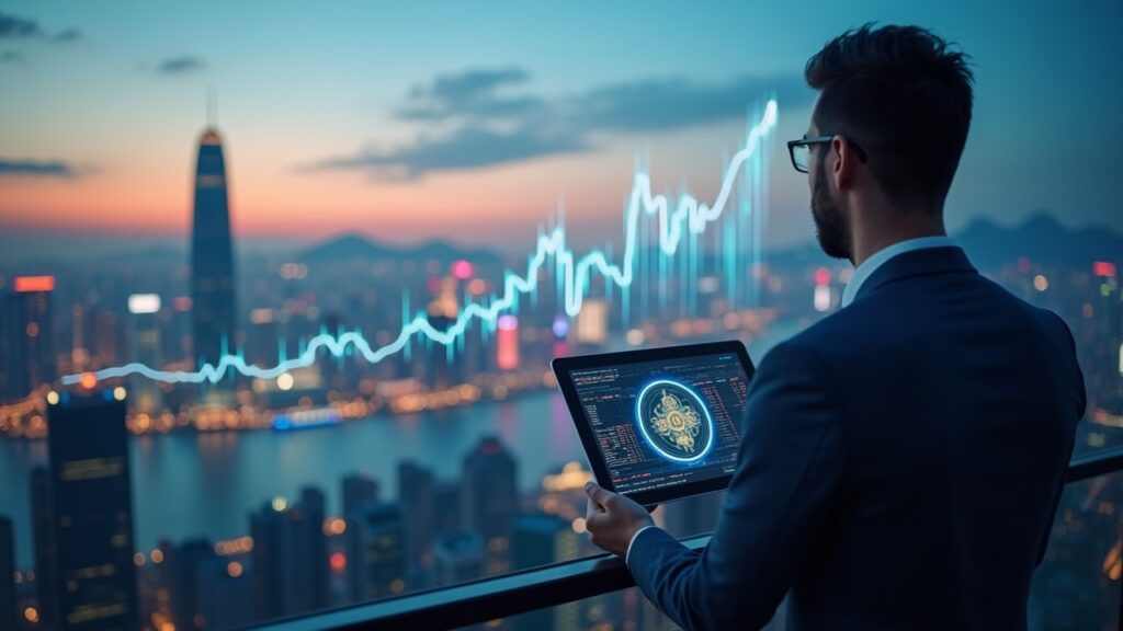 Analista de traje revisa un gráfico de criptomonedas en Hong Kong al atardecer, sello regulatorio y acceso institucional.