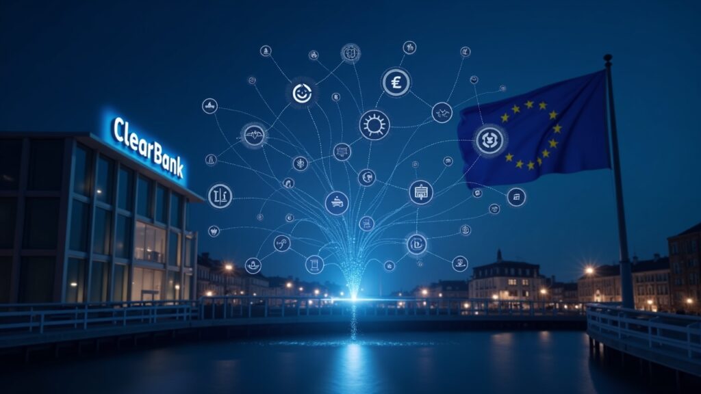 ClearBank entra en la red de pagos de Circle y habilita stablecoins que cumplen MiCA en la Unión Europea Photorealistic view of ClearBank facade linked to Circle Payments icons and MiCA-stablecoin symbols, with EU flag.