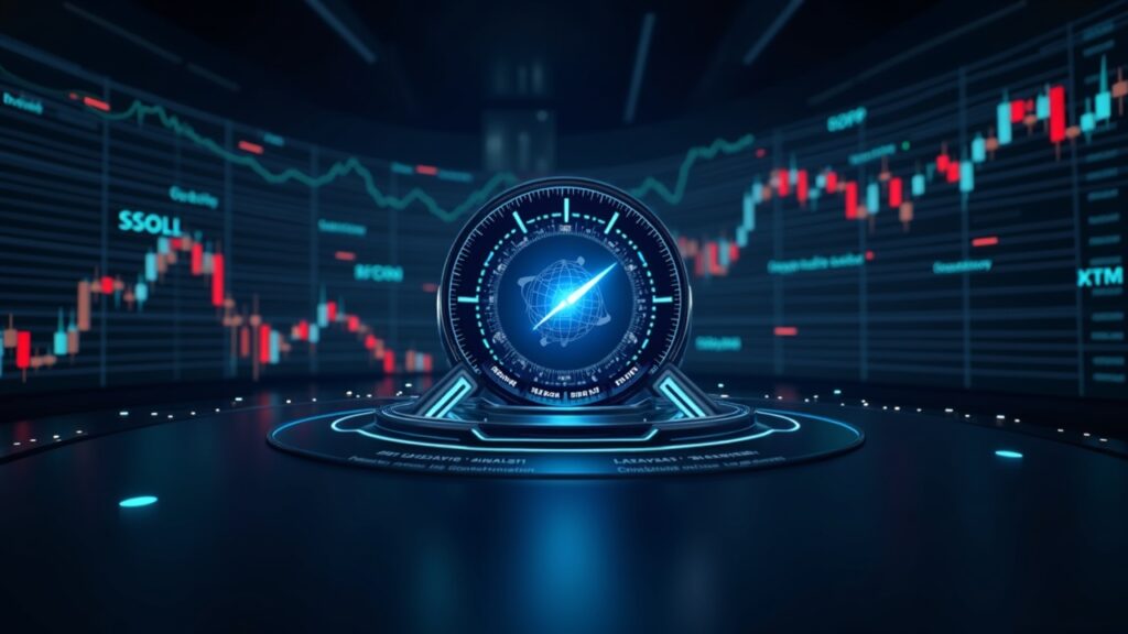Mesa de trading futurista con tickers BTC, ETH, SOL y XRP rodeando un reloj con el logo CME Globex, 24/7 derivados cripto.